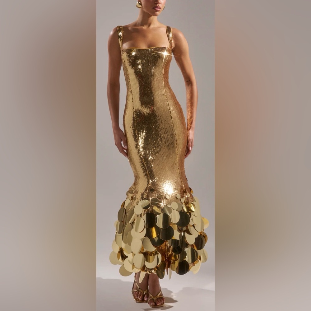 ISO:  AKIRA LIFE OF THE PARTY SEQUIN PAILLETTE MIDI DRESS IN GOLD SIZE SMALL